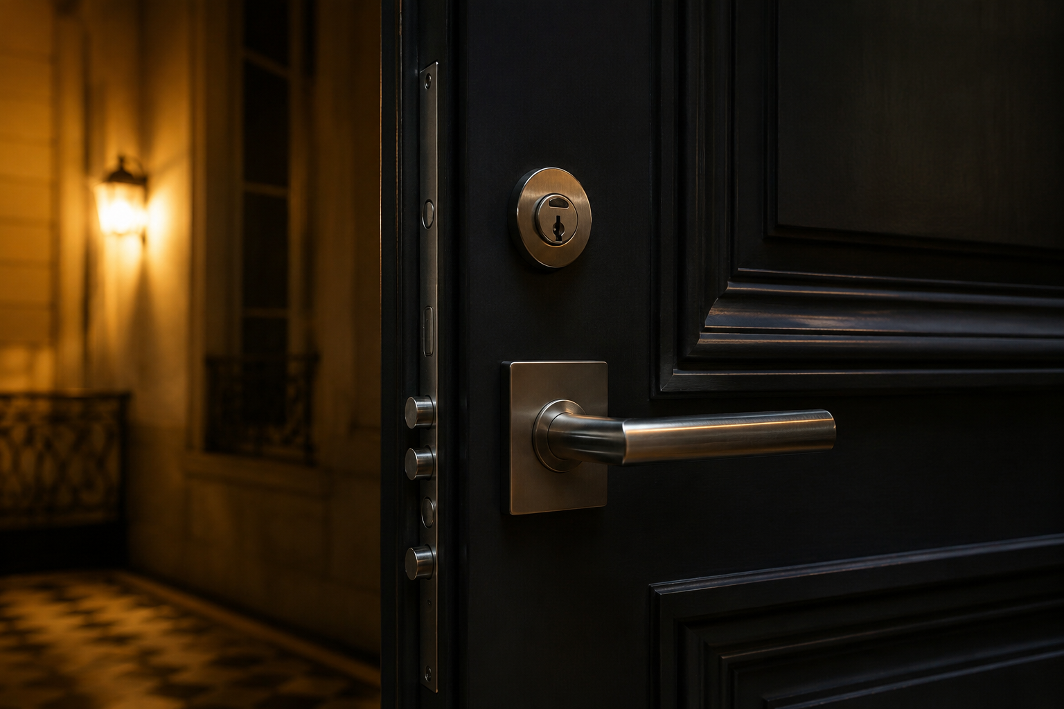 Porte d'entrée d'immeuble haussmannien de nuit, serrure de sécurité et poignée en acier brossé éclairées par une lumière dorée