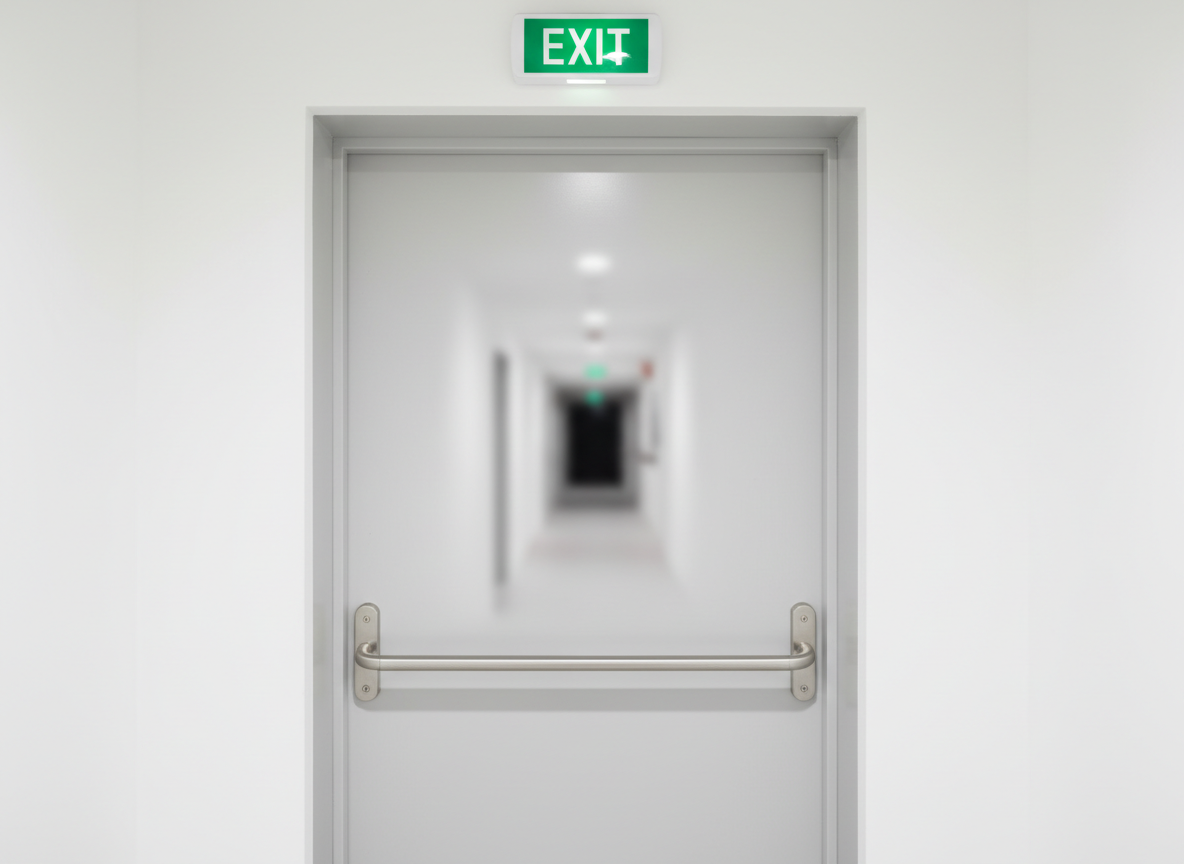 Photo réaliste d'une porte de sortie de secours vue de face avec barre anti-panique en inox et bloc-porte vert discret au-dessus, couloir moderne lumineux, ambiance sobre et rassurante, faible profondeur de champ, sans texte lisible ni logo. Format 3:2.