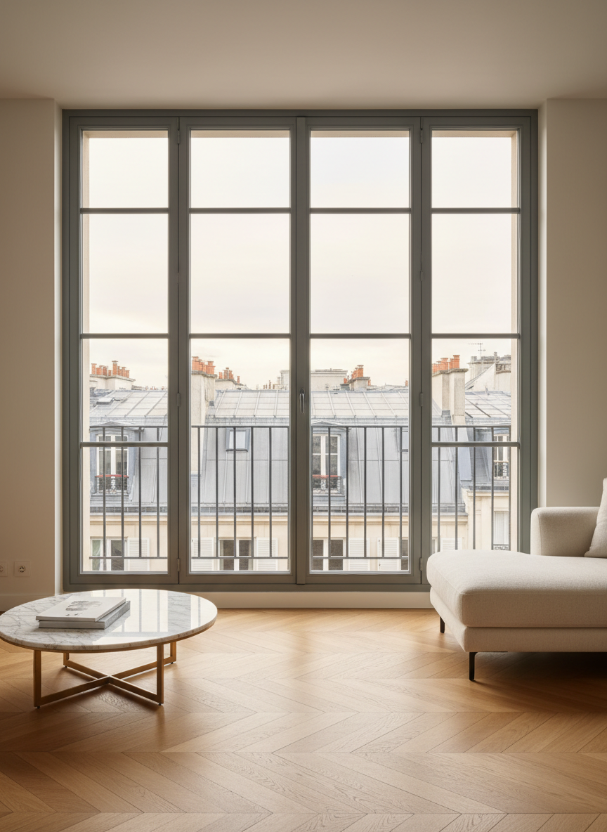 Fenêtres aluminium et PVC à cadres anthracite installées dans un appartement parisien — pose et remplacement sur mesure